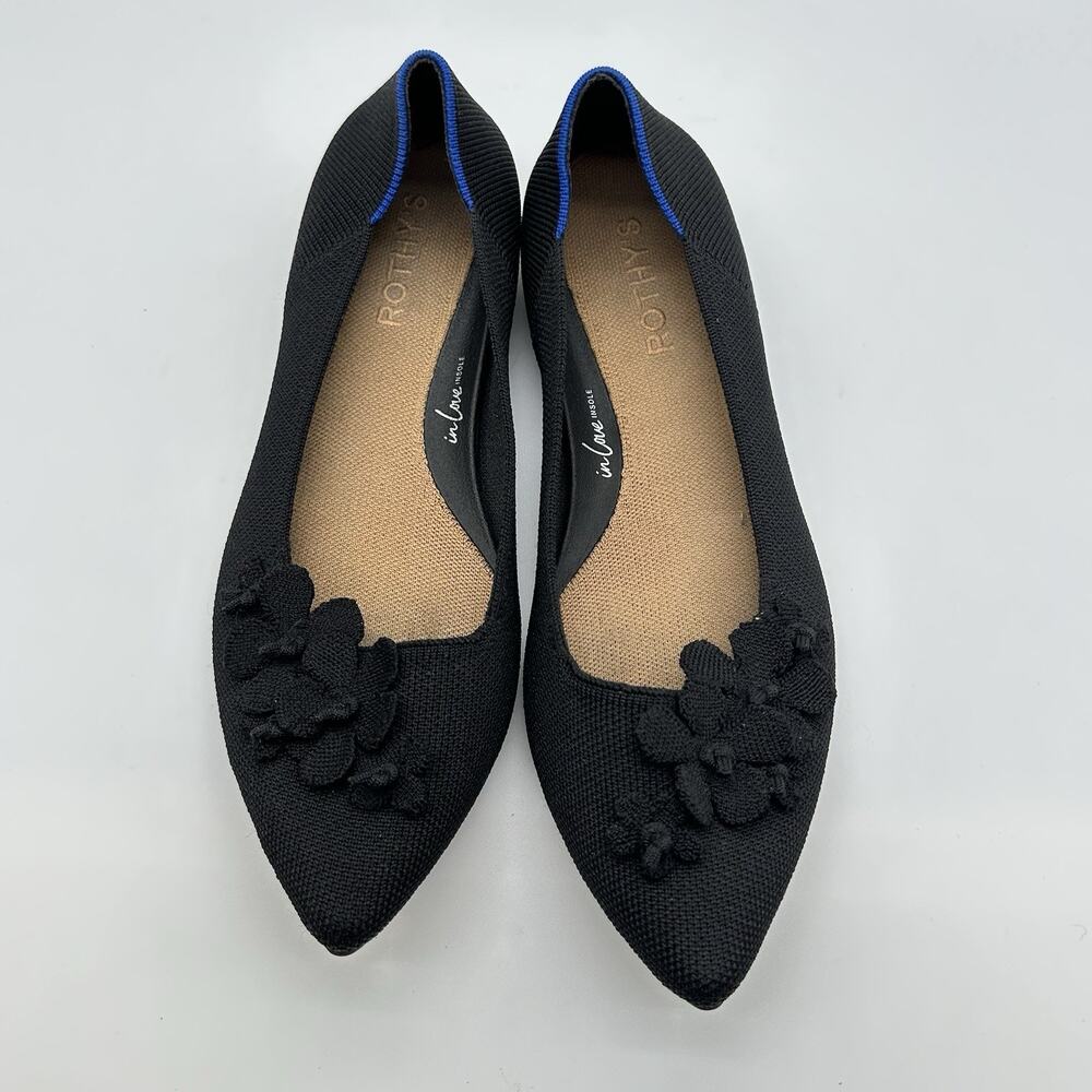 Rothys The Petal Point Ballet Flats Womens 9 Black Floral Knit Office Shoe